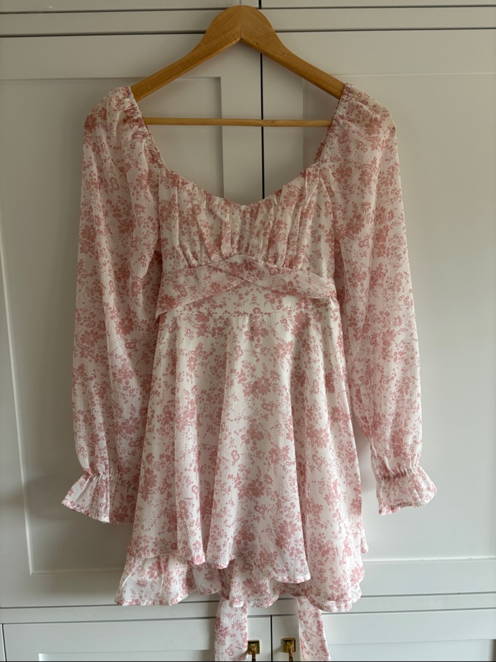 Thirty Thirty Pink Floral Long Sleeve Mini Babydoll Dress Size small (note)